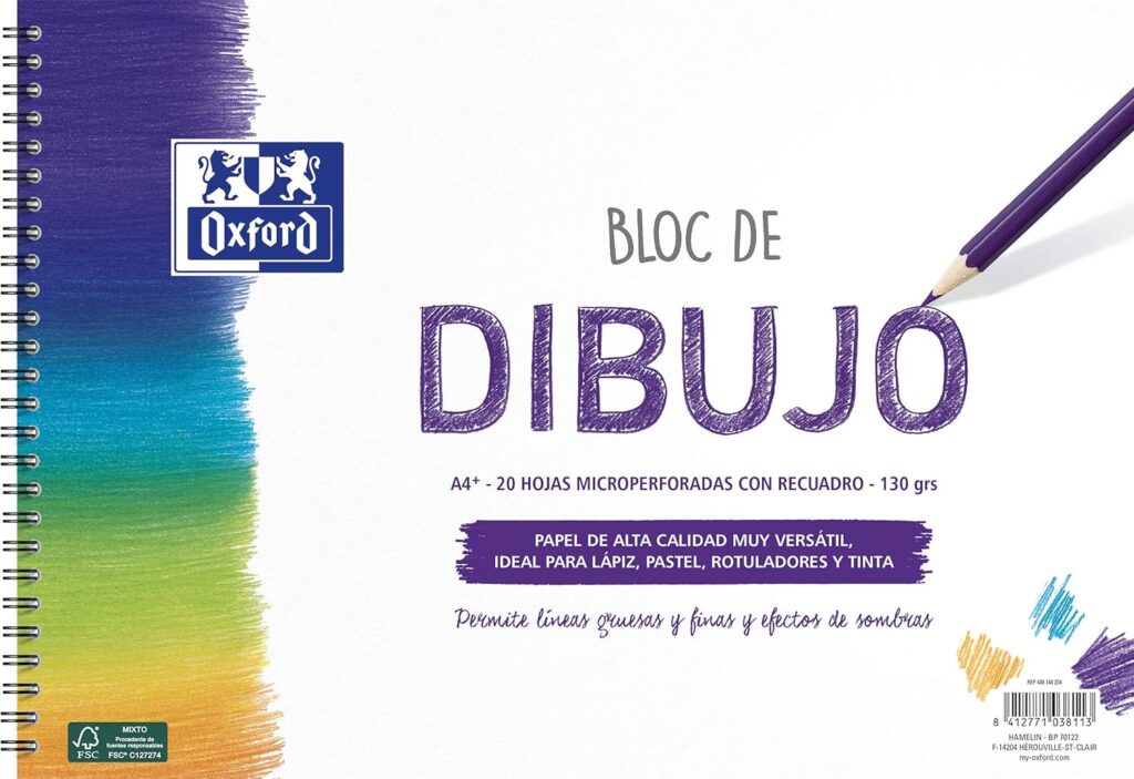 Oxford, Bloc Dibujo A4 Espiral. Tapa Blanda, Contratapa Rígida, 20 Hojas. Papel 130 gr con Recuadro